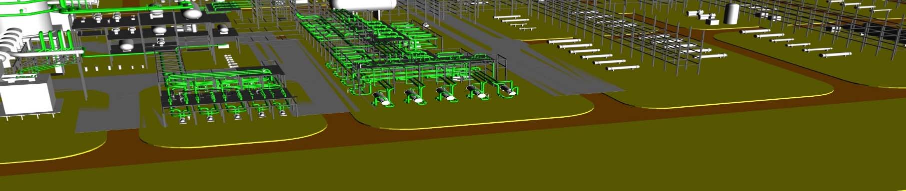 3D engineering model of a gas plant, piping and structures rendered in wireframe green on grey
